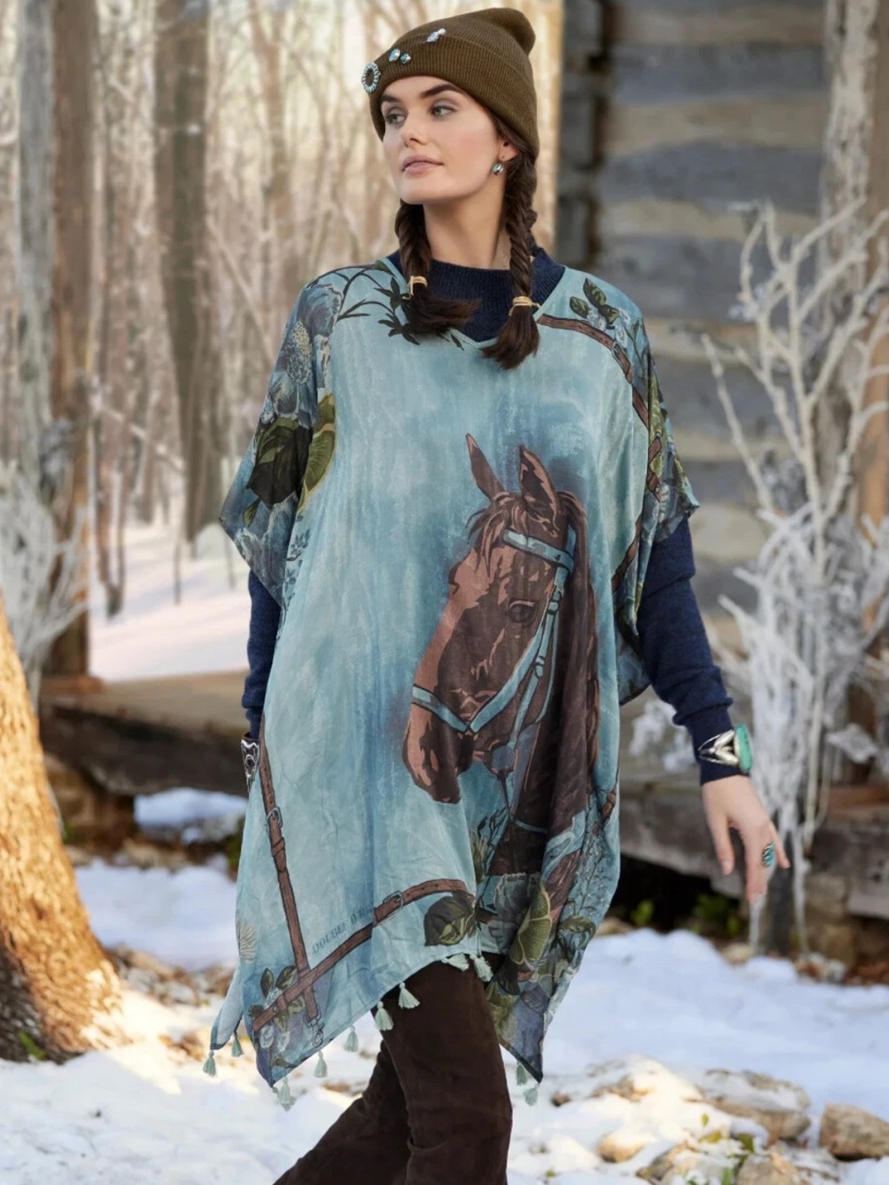 Double D Ranch Old Billie Horse floral Print tassel Poncho Dress L/XL NWT $295
